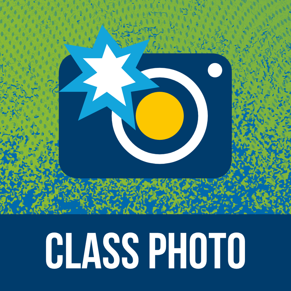 Graphic featuring a stylized camera with a flash against a green and blue textured background, with the words “Class Photo” below.