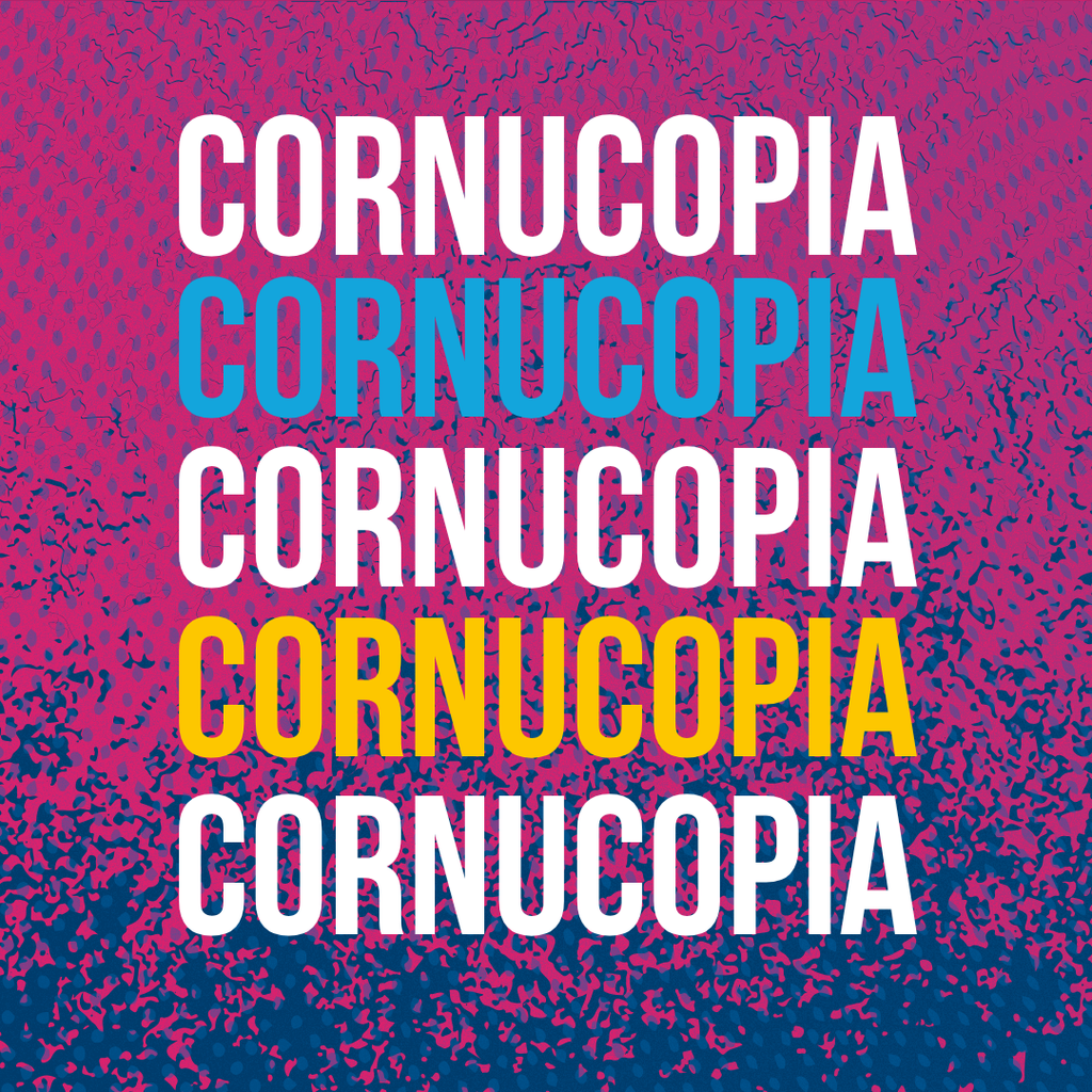 Graphic with the word “Cornucopia” repeated five times in white, blue and yellow text against a textured pink and blue background.