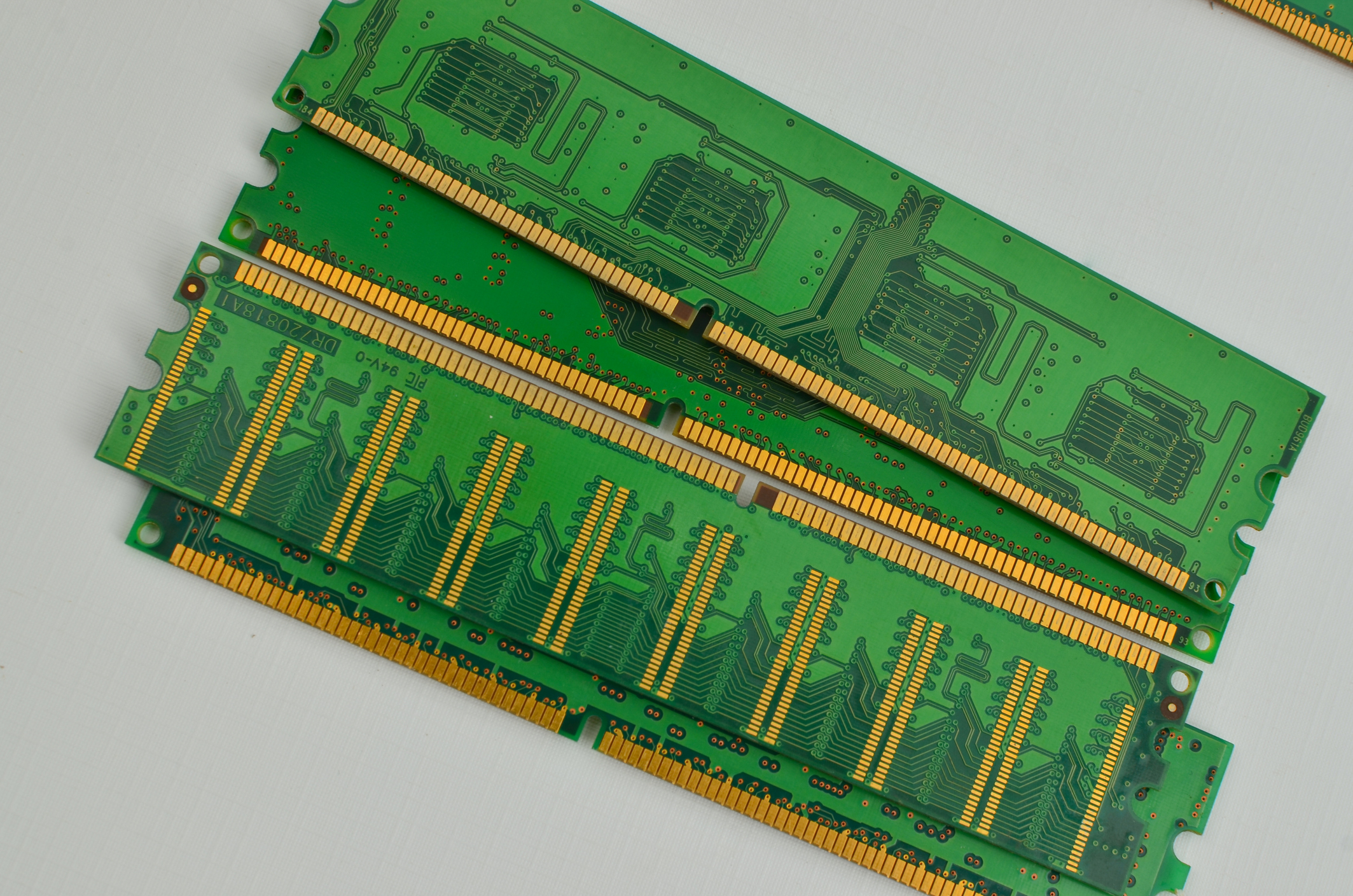 Closeup of a DDR4 RAM memory card on a light background