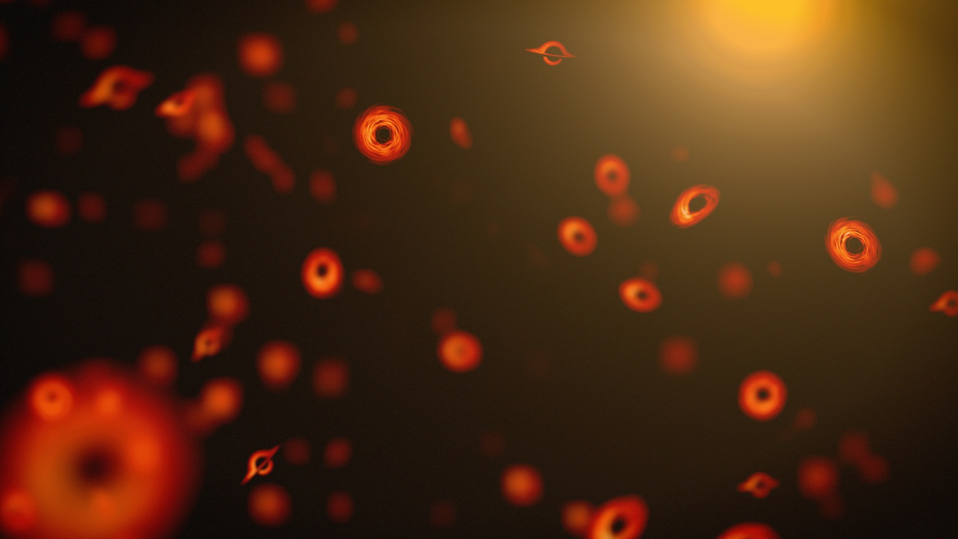 Illustration of small black holes with reddish accretion discs scattered in space