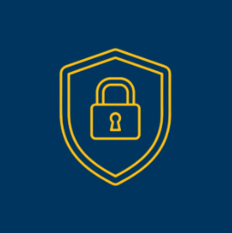 Yellow shield with a padlock icon on a dark blue background.