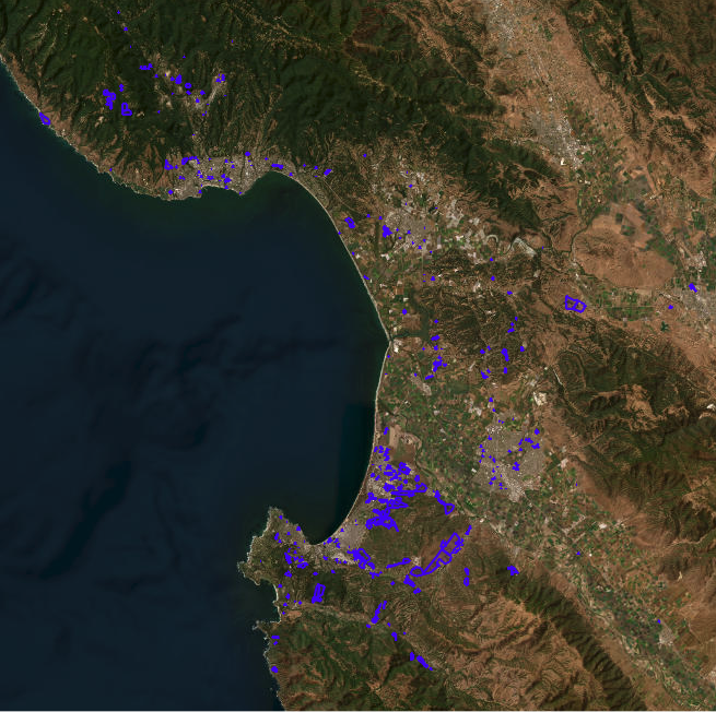 Satellite view of the Monterey Bay region with blue highlights interspersed over the land