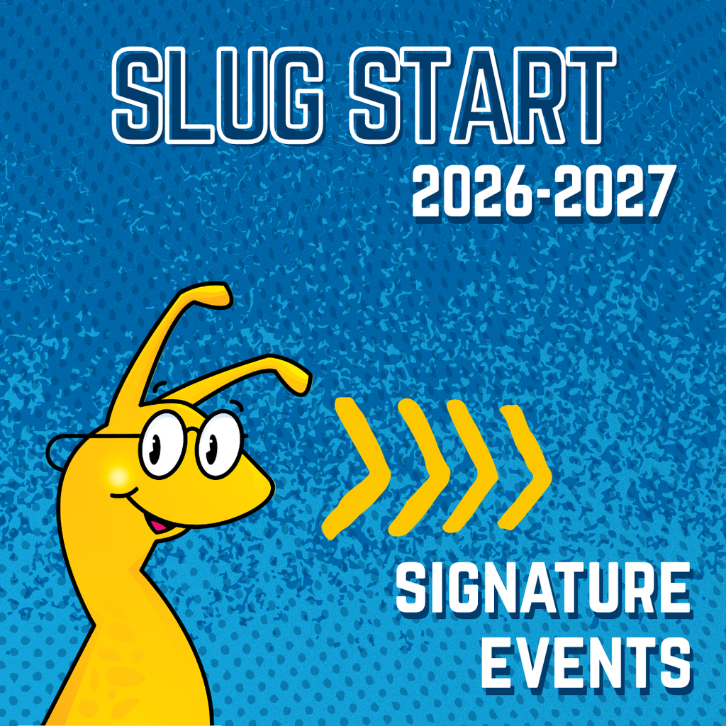 Slug Start 2026–2027 graphic featuring Sammy Slug with arrows pointing toward the words “Signature Events” on a blue background.
