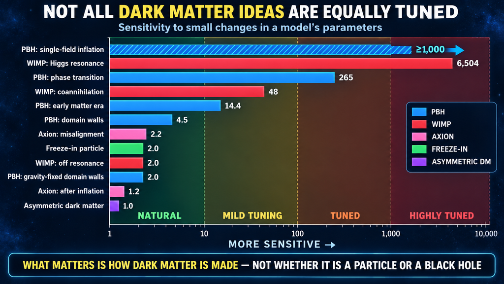 Horizontal bar chart comparing naturalness of 12 dark-matter candidates