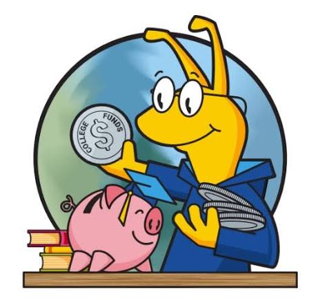 Illustration of Sammy Slug holding a College Funds coin beside a pink piggy bank and stack of books.