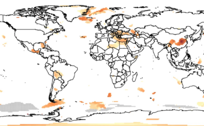 World map with colored blotches across the planet