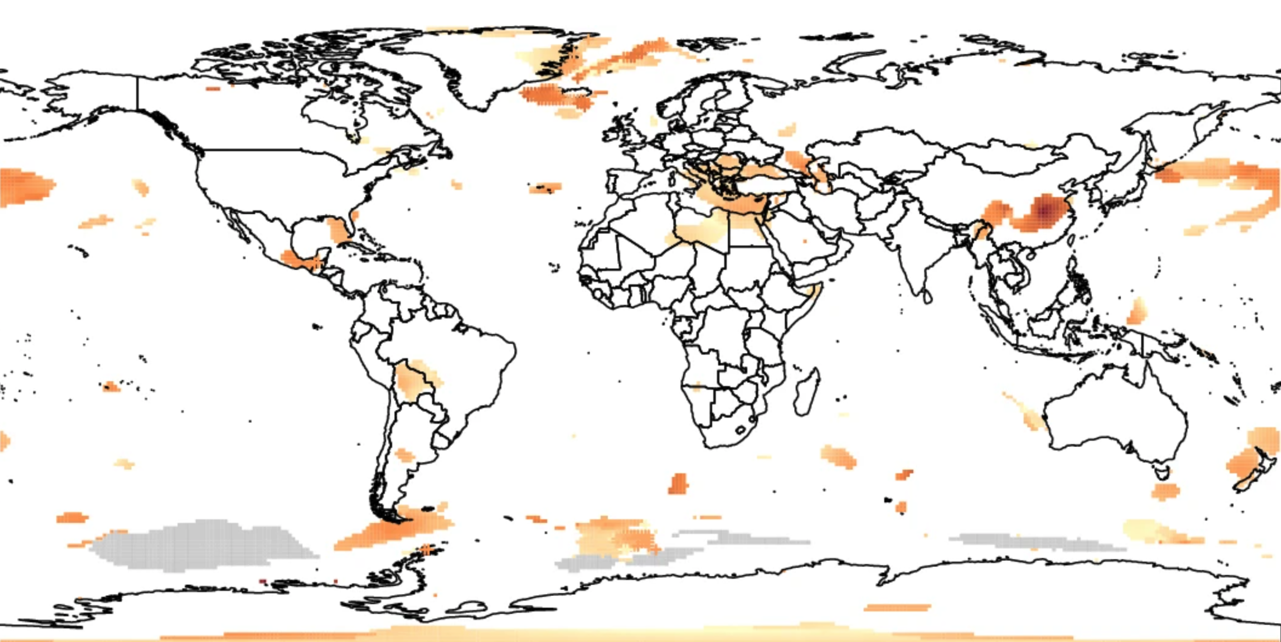 World map with colored blotches across the planet