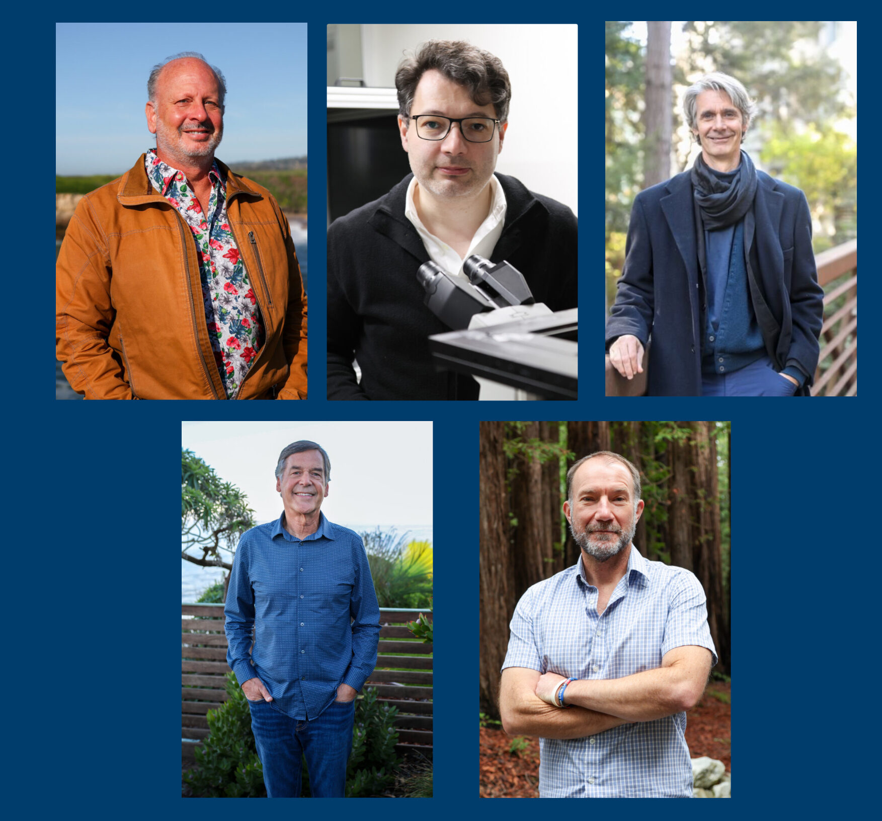 Five men are shown in individual portraits, each posing outdoors or in a professional setting.