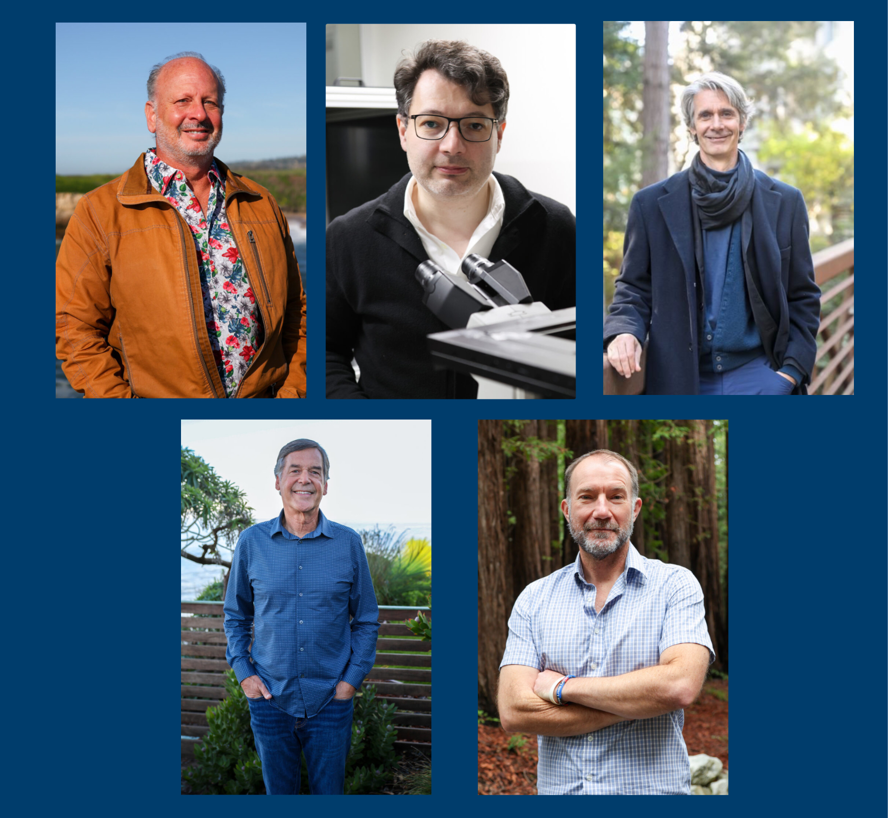 Five men are shown in individual portraits, each posing outdoors or in a professional setting.