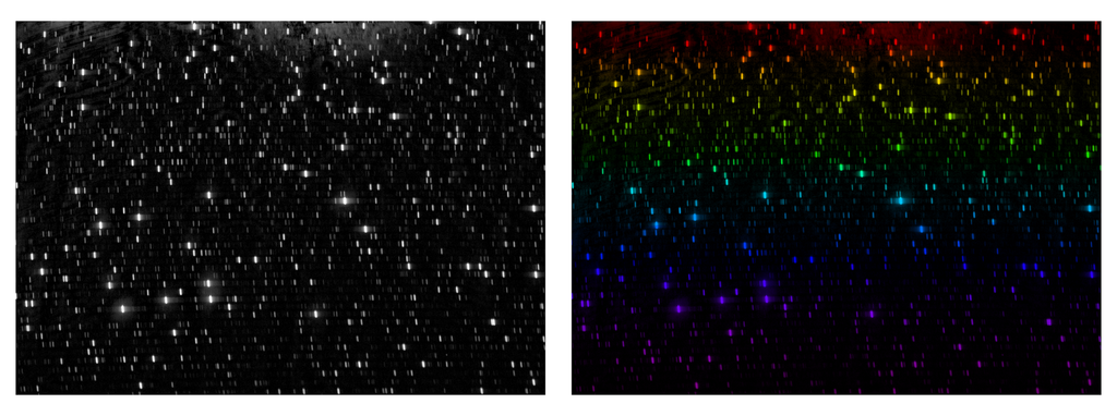 Black-and-white image of space on the left. Same image in color on the right.