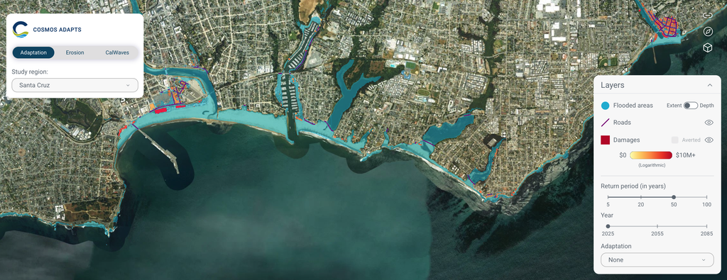 Visualization of Santa Cruz County coastline from above, color-coded where flooding and property damage are expected.
