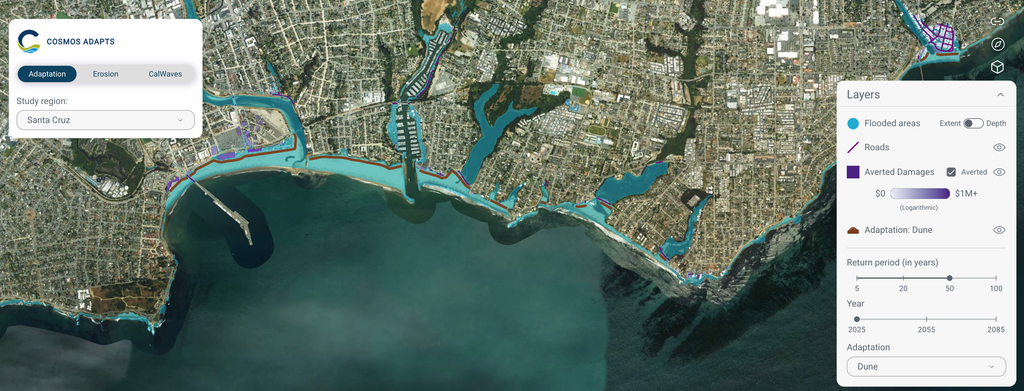 Visualization of Santa Cruz County coastline from above, color-coded where property damage is expected to be averted.