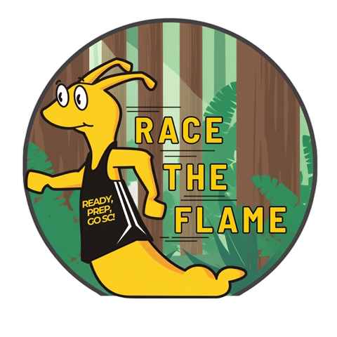 A yellow cartoon slug wearing a black tank top that says "READY, PREP, GO SCI" is running in a forest. The text "RACE THE FLAME" is displayed in bold yellow letters.